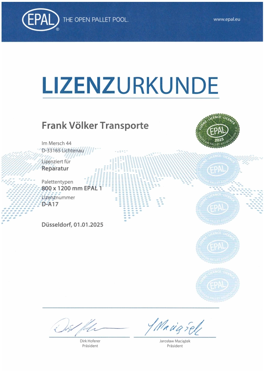 EPAL Lizenzurkunde D-A17 – Völker Paletten Lichtenau, lizenzierter Fachbetrieb für Europaletten-Reparatur