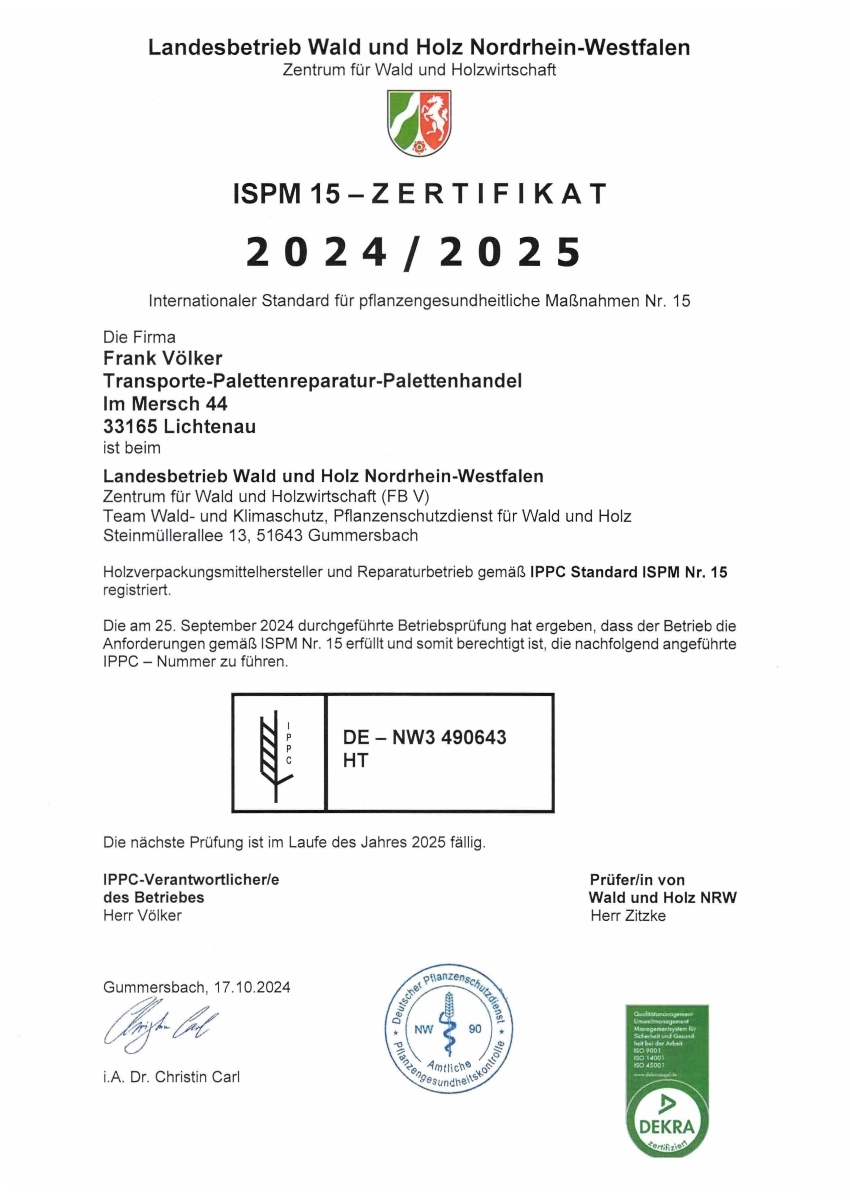ISPM15 Zertifikat 2024/2025 – Völker Paletten Lichtenau, IPPC-Nummer DE-NW3 490643 HT